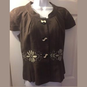 ELEVENSES Brown Linen Blazer Jacket Floral Ivory Anthropologie Workwear Office